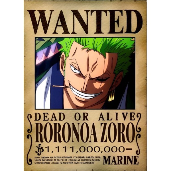 Placa Decorativa WANTED Roronoa Zoro One Piece Mod.18